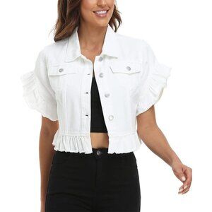 🆕Women’s White MISS MOLY Denim Jacket Ruffle Sleeve Cropped Distressed